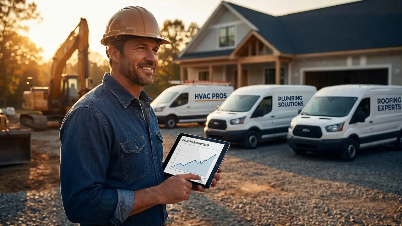 A contractor holding a tablet showing a rising leads dashboard with service vans behind