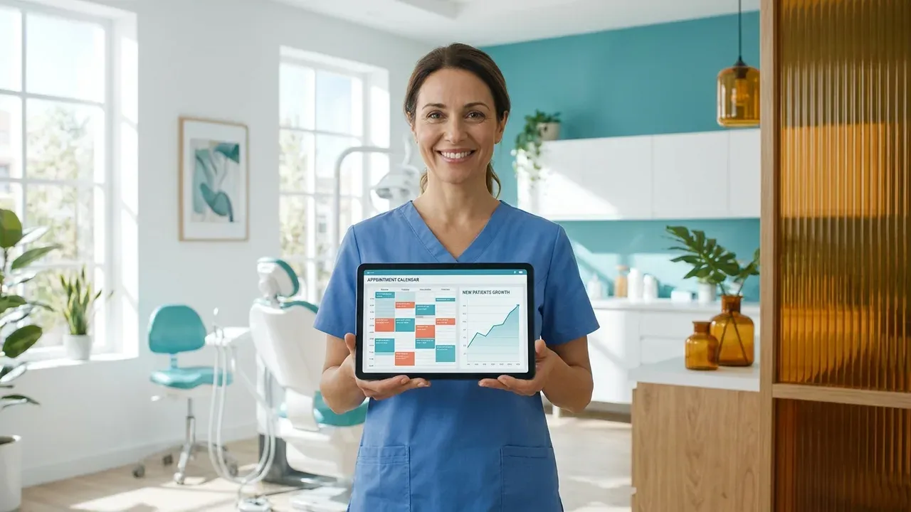 A dentist reviewing a full appointment schedule on a tablet