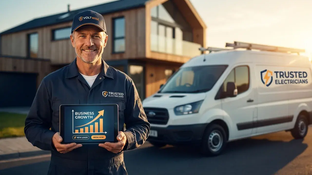 A professional electrician holding a tablet showing new job leads