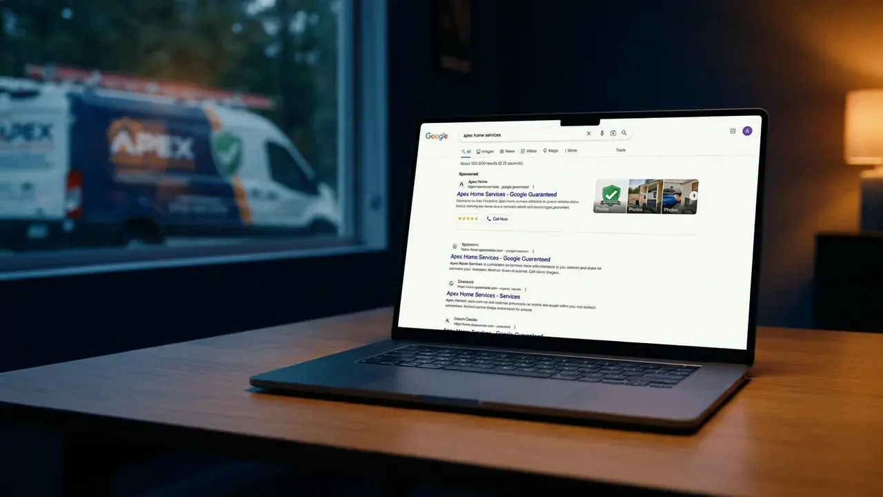 A laptop showing a contractor's ad ranked at the top of Google search