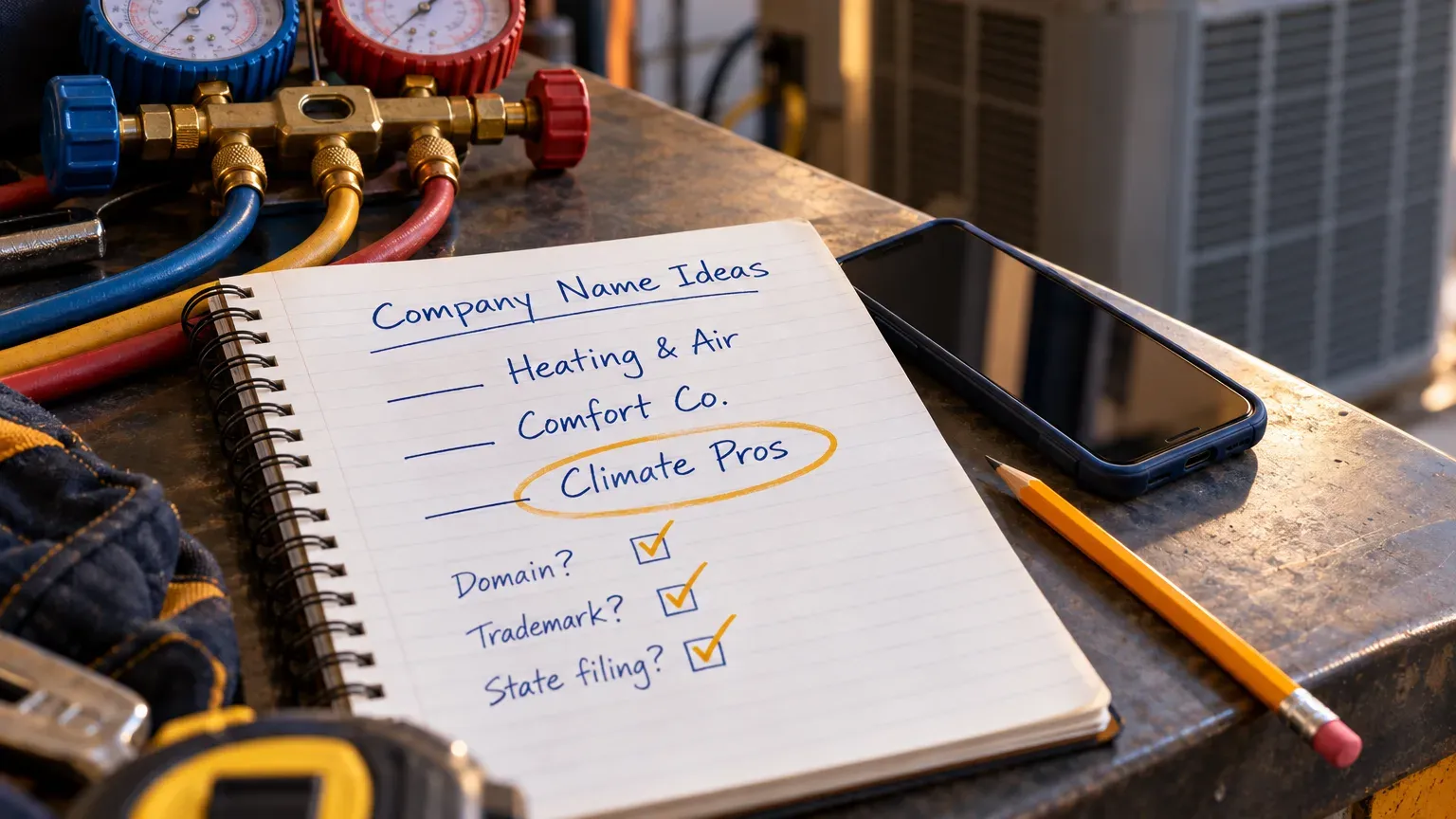 Notebook page titled Company Name Ideas listing Heating & Air, Comfort Co. and Climate Pros name patterns with domain, trademark and state filing checks, next to HVAC gauges