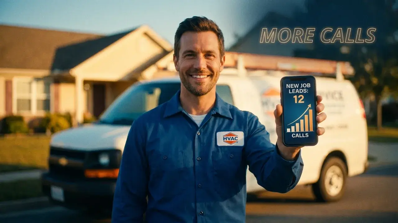 An HVAC technician holding a phone showing new incoming job leads