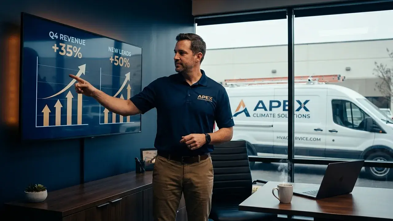 An HVAC business owner reviewing a marketing dashboard with rising leads