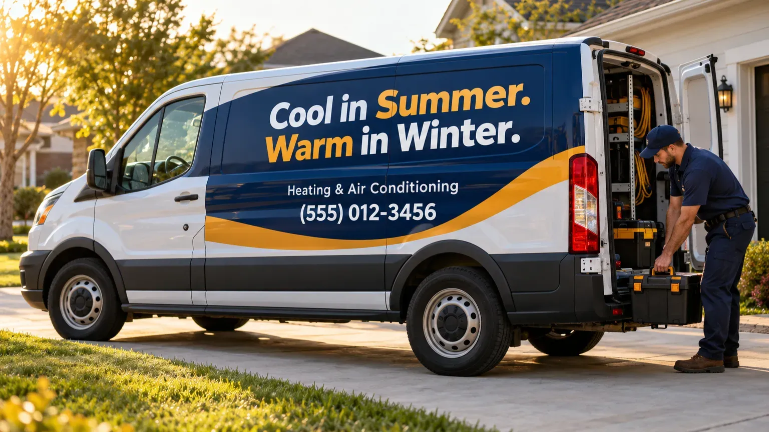 HVAC service van wrapped with the slogan Cool in Summer. Warm in Winter. while a technician unloads a toolbox in a driveway