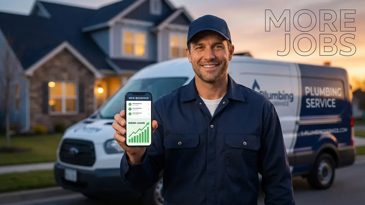 A professional plumber holding a phone showing new job bookings