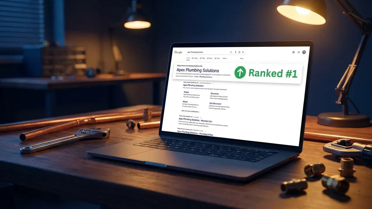 A plumbing company website ranking number one on Google on a laptop