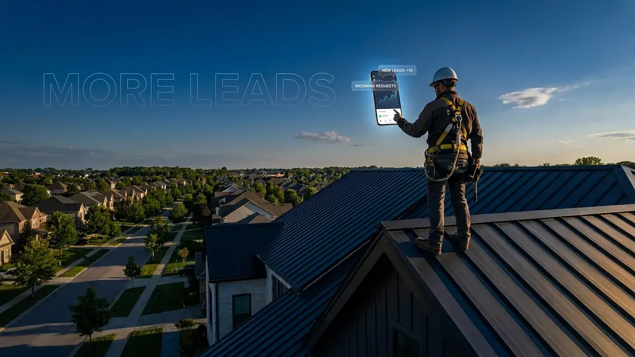 A roofer on a finished roof holding a phone showing new roofing leads