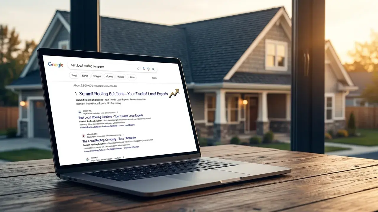 A roofing company website ranking at the top of Google search results