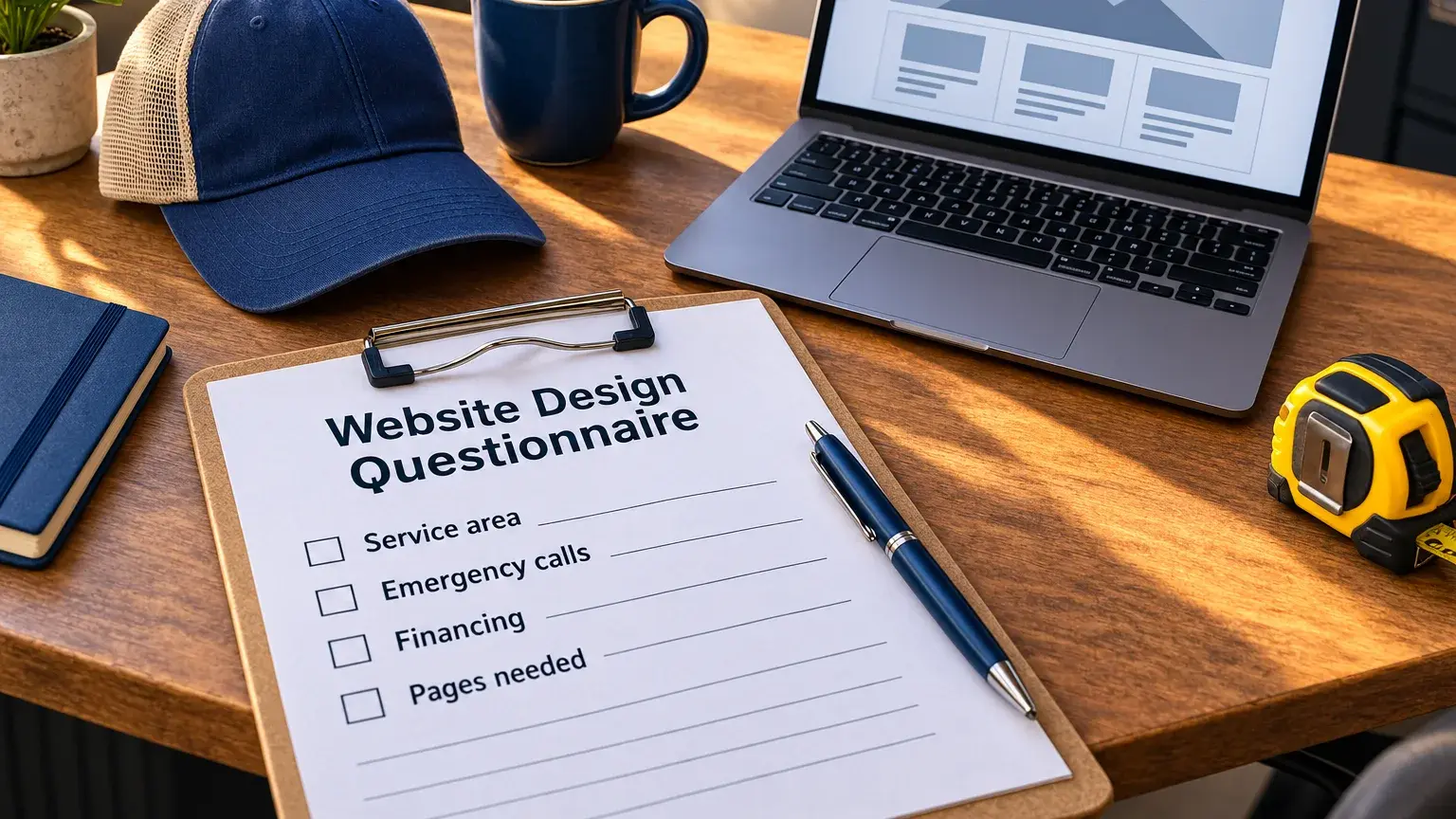 Clipboard with a website design questionnaire checklist (service area, emergency calls, financing, pages needed) on a desk beside a laptop showing a website wireframe